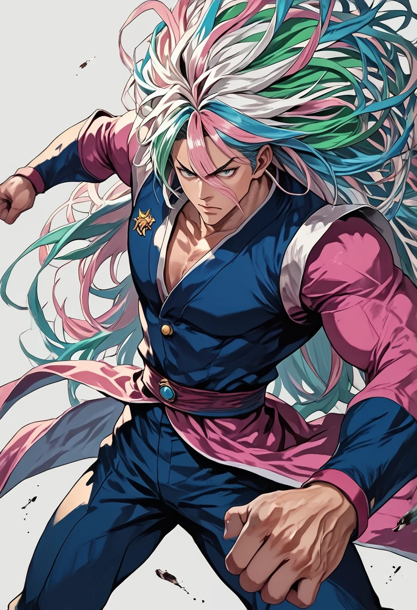 (masterpiece), (best quality), score_9, score_8_up, score_7_up, (masterpiece:1.2), (best quality:1.3), 1boy, simple background, <lora:Sunny_Toriko:0.75> snny_trko, big hair, fighting stance, masterful composition, dynamic movement