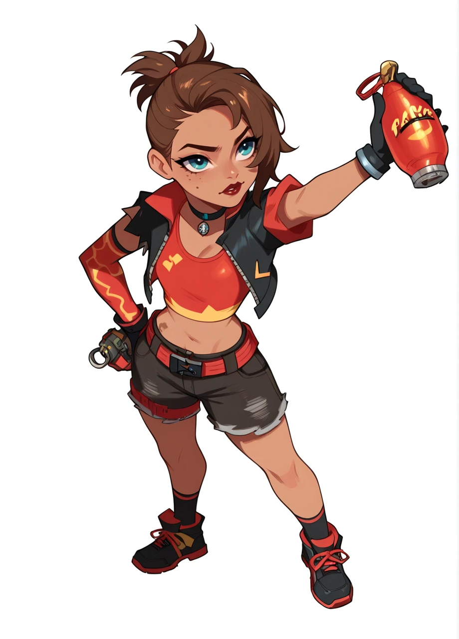 1girl, solo, full body, chibi, white background, dark skin, brown hair, lipstick, tinadyn, choker, short ponytail, single glove, cropped jacket, shorts, belt, socks, sneakers, holding grenade <lora:FN_TNTina-PONY:0.8>, score_8_up, score_7_up, score_6_up, score_5_up, score_4_up,