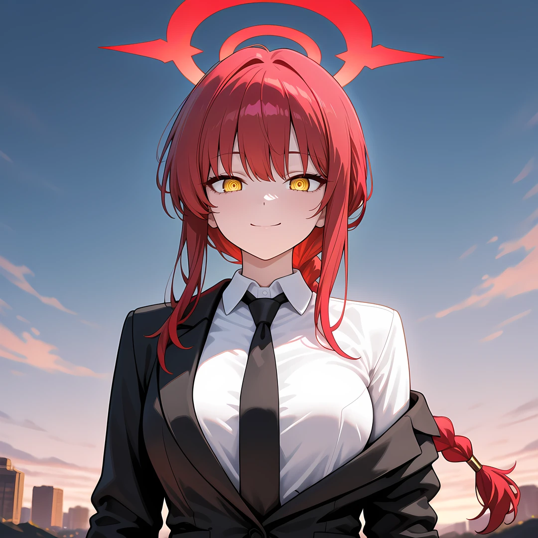 1girl, halo, solo, necktie, yellow eyes, shirt, red hair, braid, smile, looking at viewer, ringed eyes, collared shirt, white shirt, black necktie, breasts, sidelocks, upper body, braided ponytail, jacket, red halo, suit, formal, black jacket, medium breasts, long hair, closed mouth, off shoulder, glowing,dutch angle,<lora:ChainsawstyleByOOA-10:0.8>, masterpiece, best quality, amazing quality, very aesthetic, absurdres, newest, scenery, perfect face,intricate,beautiful scenery,ultra realistic 8k CG,perfect artwork,absurdres, anime 2D, vibrant colors, sharp lines, smooth,edges,