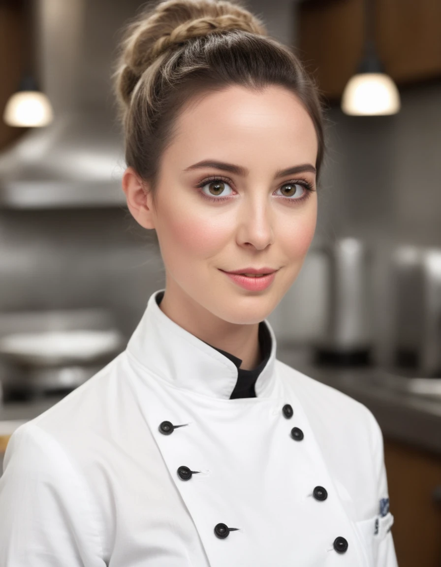 a professional absurdres raw intricately detailed sharp focus close full torso photograph of beautiful Delaney_Tabron, 
wearing a turtleneck long-sleeved shirt under an intricately stitched chef coat and high-wasted {leggings|jeans|skirt}, with a random hairstyle, 
making eye contact, high-quality close-up photo of a gorgeous chef, aware the situation is silly, looking at the viewer as if to say "blerg" with her lips, background is filled with judgemental lemurs, blurry background, bokeh,
 <lora:Delaney_Tabron-SDXL:0.8>