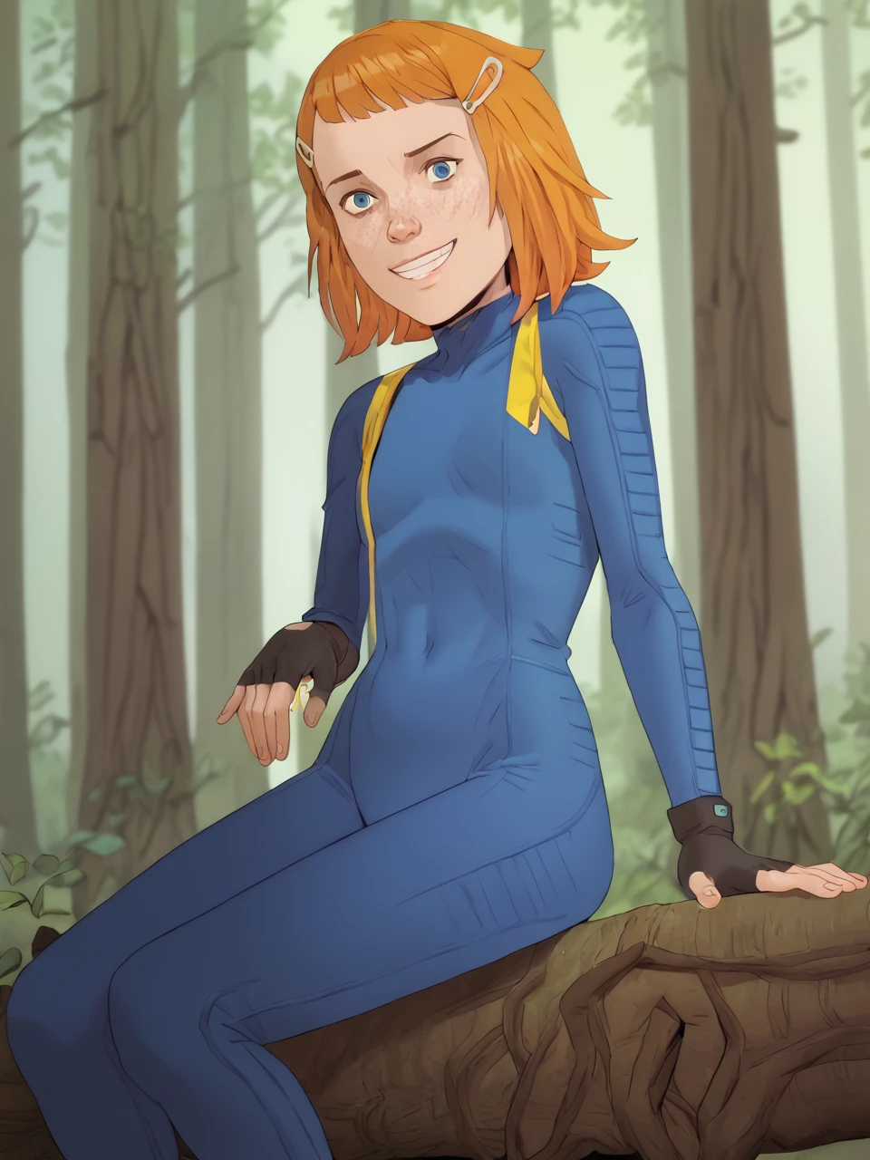 score_9, score_8_up, score_7_up, BREAK,  Vaultgirl, short hair, blue eyes, orange hair, hair ornament, hairclip, fingerless gloves, freckles, blue bodysuit, smile, looking at viewer, sitting, forest, L1DU2,  <lora:LIDUS_Look_For_Another:1>  <lora:Vaultgirl:1>