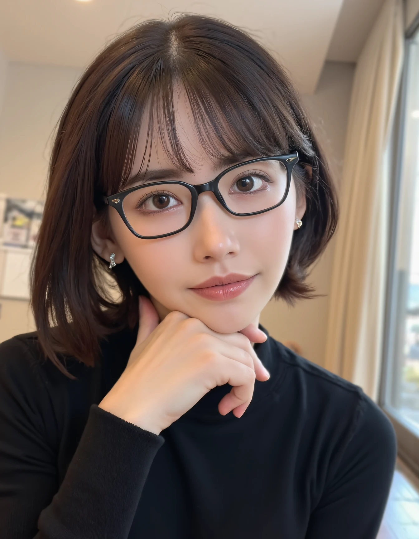 with a short bob haircut and bangs, wearing black-rimmed glasses. She has a soft, natural makeup look, emphasizing her clear complexion and glossy lips. She is dressed in a black long-sleeve top and is resting her chin gently on her hand, giving a relaxed and thoughtful expression. The background shows a cozy indoor setting with soft natural light coming through a window.
. <lora:eimiFukadaFlux:1>