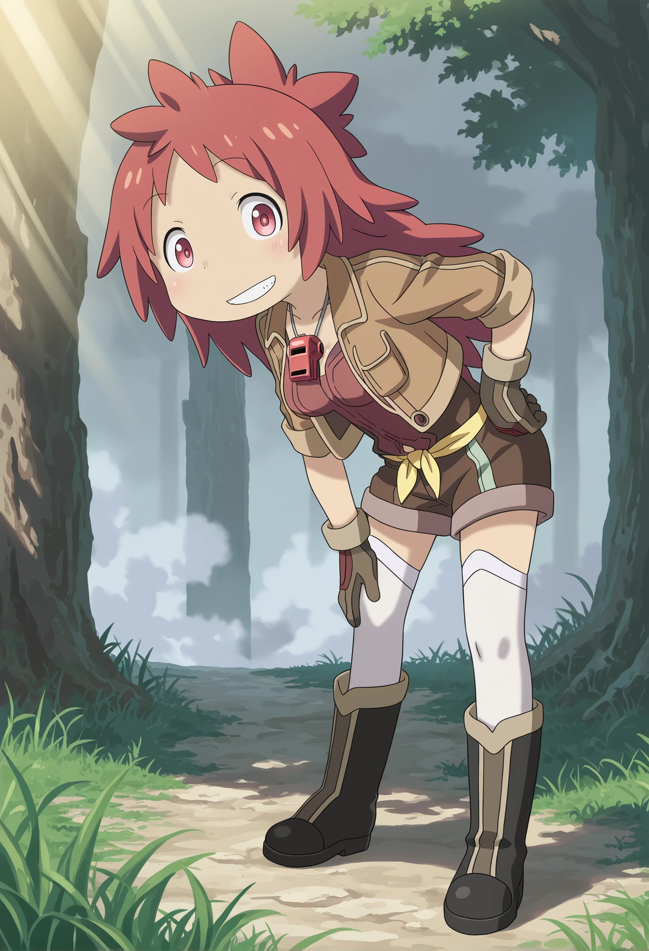 masterpiece, best quality, amazing quality, very aesthetic, absurdres, 1girl, solo, no headwear,
<lora:MiAbyss-IL:0.9> miabyss, mitty \(human\) \(made in abyss\), red hair, spiked hair, long hair, red eyes, medium breasts, child, petite, shirt, brown shorts, yellow sash, delver jacket, delver boots, delver gloves, red whistle, whistle around neck, brown jacket, sleeves rolled up, white thighhighs,
edgeofabyss, cloud, fog, grass, plant, tree, sunbeam, hand on own hip, grin, looking at viewer,