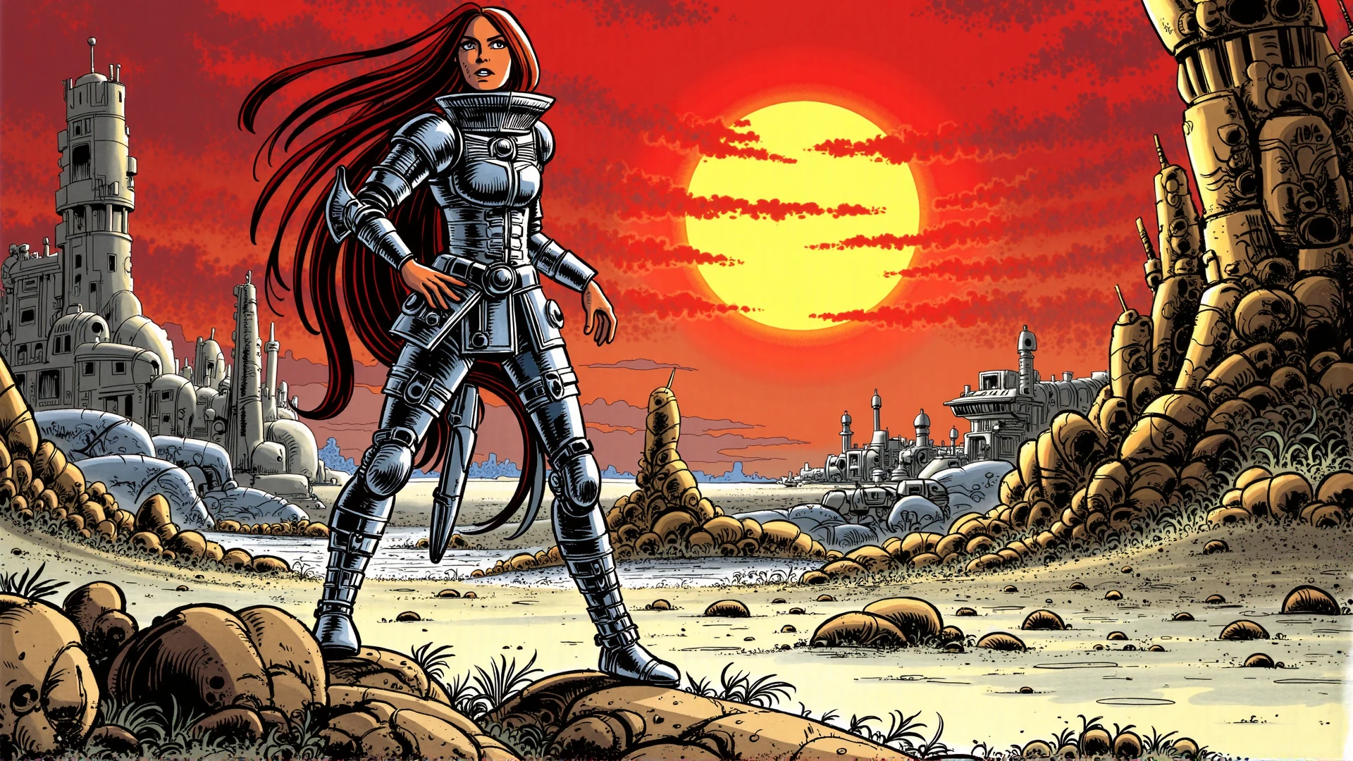 vintage comic book illustration by Jean-Claude Mézières of a fierce medieval female warrior on a desolate alien planet