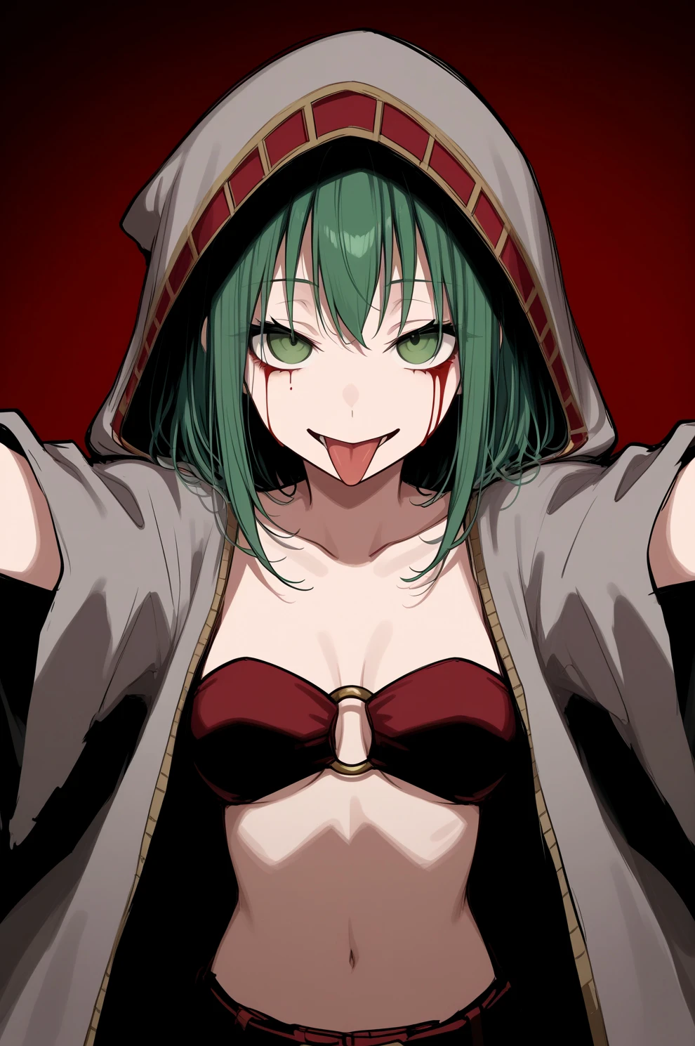 <lora:echidna-il:1>, echidna, 1girl, solo, cape, hood up, blood from eyes, tongue out, outstretched arms, masterpiece, best quality