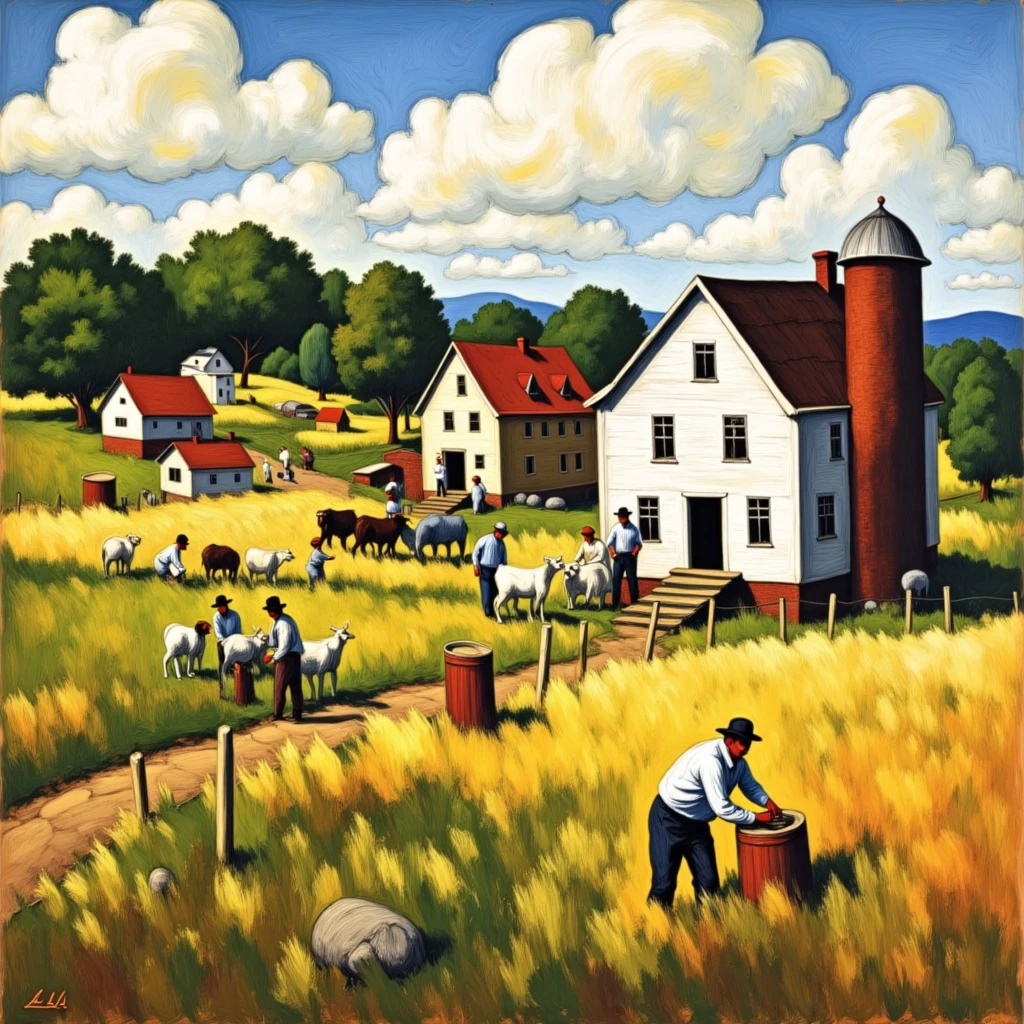 a AshcanScho Oil on canvas. Broad brushstrokes. American landscape, with a rural farmhouse and workers