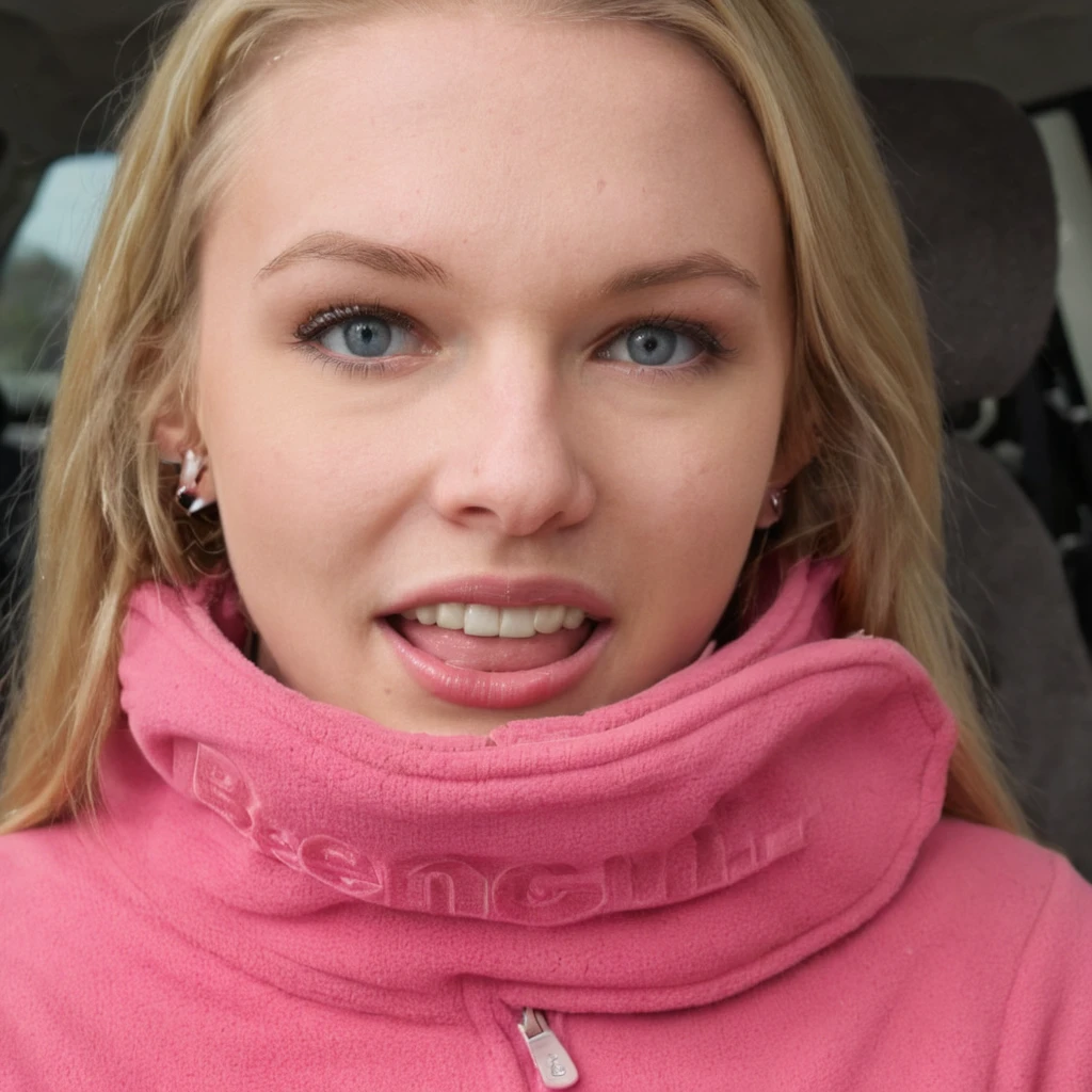 portrait photo of a woman with straight hair, blonde, and a fair complexion. tounge out, silly, She is wearing a pink benchfleece, high collar,  The environment is neutral or urban.
