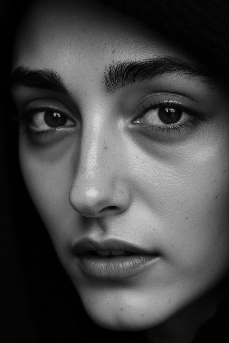 portrait inspired by Peter Lindbergh's photographic style of golshflx, a woman looking directly into the camera with an intimate and deep expression.  dark brown eyes. ** Lighting ** must be soft and natural,avoiding exaggerated perfection,and focusing on capturing the human essence and the natural beauty of women. Shadows and lights should accentuate the lines and textures of the face,highlighting its emotional and vulnerable expression. The woman's face is devoid of makeup or a very subtle touch,highlighting the authenticity and imperfection that Lindbergh valued in his portraits. The ** precise details ** include a deep look,with eyes that convey history,strength and fragility at the same time. The expression on her lips is relaxed,with a slight separation that adds a touch of naturalness and spontaneity. The texture of your skin,with all its small imperfections,pores and subtle wrinkles,should be faithfully captured,enhancing the real beauty without touch-ups or filters. The ** fundo ** is simple and out of focus,typically neutral,with shades of gray that do not distract attention from the face. The image uses minimal depth of field,with an absolute focus on the woman's face and the rest in a gentle blur. Black and white should be full of soft contrasts,but without losing the delicacy of the shadows,creating a raw,emotional and living environment. Make sure the image ** conveys a sense of humanity,authenticity and emotional connection **,key features of Peter Lindbergh'******. The woman must appear strong but accessible,showing her beauty without the need for ornaments,with a direct connection between her gaze and the viewer. ** Additional items ** are minimal,with all the attention on the woman's face and expression.