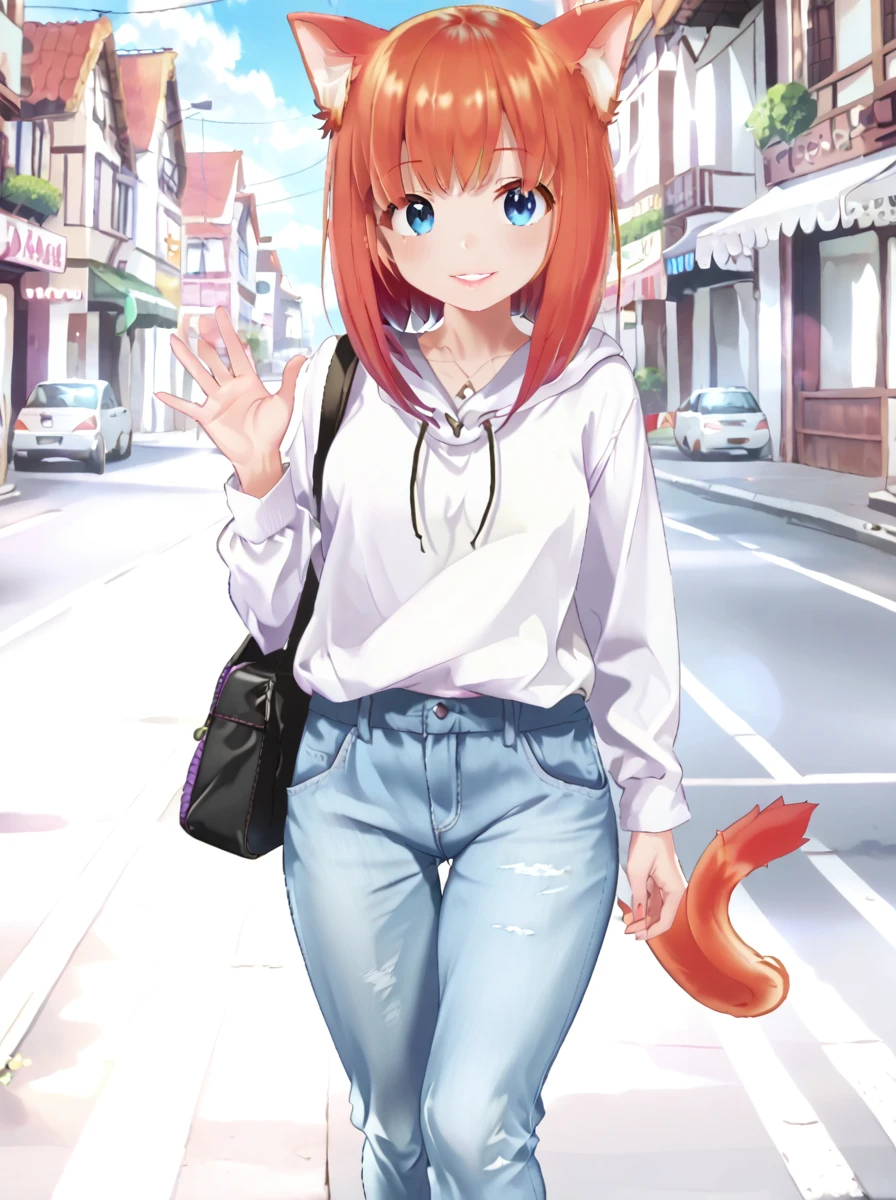 detailed background, posing, rating safe,
<lora:nekowaifu.pony:1>,
nekowaifu, niko, 
casual fashion, 
street, walking, looking at viewer, parted lips, smile, waving,