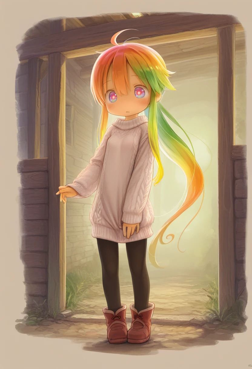 masterpiece, best quality, amazing quality, very aesthetic, absurdres, 1girl, solo, 
<lora:akihito2rep:0.9> tsukushi akihito, sweater dress, pantyhose, ankle booties, Rustic Farmhouse Kitchen with Wooden Beams and Brick Walls,  multicolored  eyes,  symbol-shaped pupils, rainbow  hair, very long hair, ahoge, ponytail,