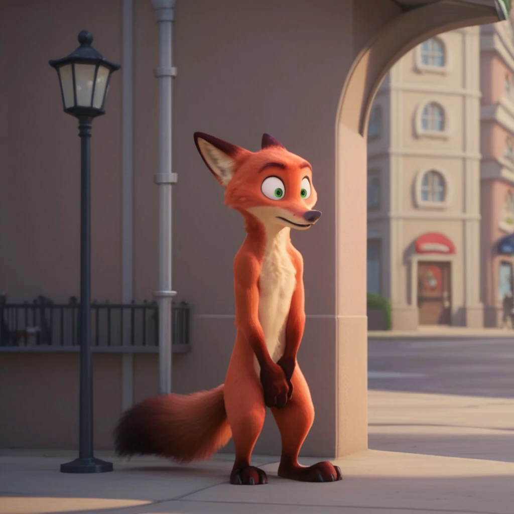 score_9, score_8_up, score_7_up, score_6_up, score_5_up, score_4_up, source_furry, WildeNickzt, anthro, male, fox, orange fur, green eyes, standing, street corner, hands covering crotch, wide-eyed, standing, street corner