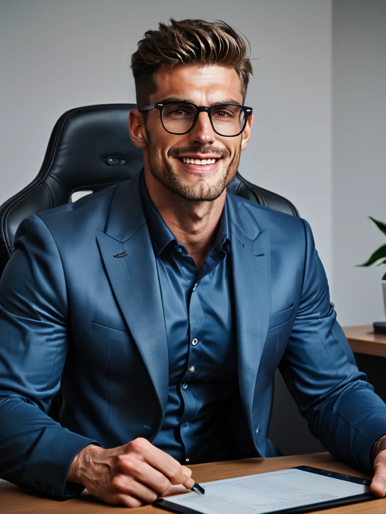 score_9, score_8_up, score_7_up, score_6_up, score_5_up, score_4_up, Tanju has brown eyes. He is an attractive man and is muscular.wearing business suit. glasses, He is in his office and sitting on his office desk. He hold a tablet in his hand, His legs are spread. he laughing <lora:TrSerkan-Tanju-Pony-v1:0.8>