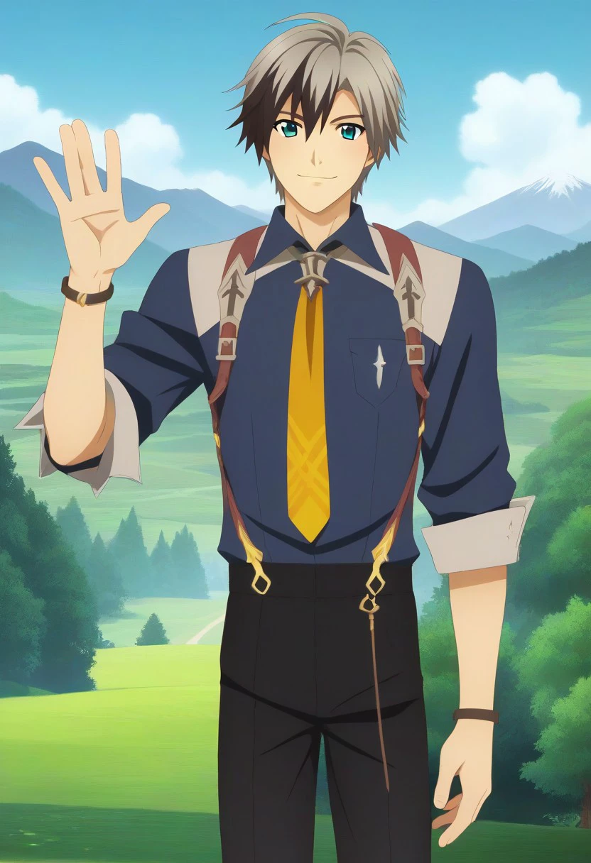 ((masterpiece)), ((best quality)), ((ultra-detailed)), ((absurdres)), score_9_up, score_8_up, score_7_up,
HD, top quality, best quality, amazing quality, High-quality illustrations, anime screencap, source_anime, best aesthetic, perfect proportions, perfect eyes, 1boy, 1male, solo boy, solo male, male focus, solo male focus, Anime, boy, male anime character, anime boy, handsome, cute, charming, sexy, good-looking, Ludger Will Kresnik, multicolored hair, two-tone hair, green-blue eyes, blue collared shirt, rolled sleeves, bracelet, yellow-orange necktie, brown suspenders, black pants, brown-yellow shoes, ((lean body)), ((tall body, tall height)), ((adventure fantasy background, nature background, mountains)), ((full body shot, head to feet shot)), ((happy, smile, waving hello, waving hand gesture, 👋 gesture)), easynegative, updn, Expressiveh, masterpiece, best quality, very aesthetic, absurdres
