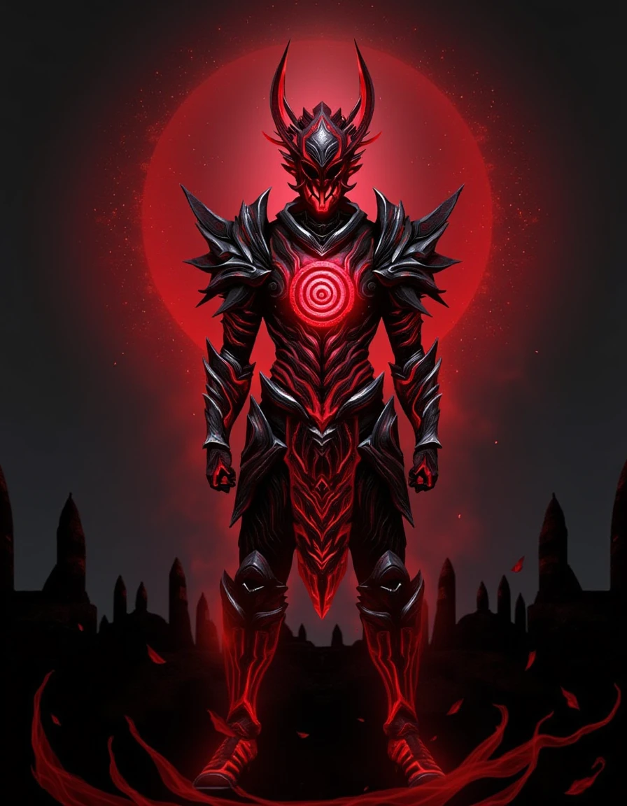 The image is a highly detailed wallpaper rendering of a fantastical, demonic warrior. The warrior is depicted in a full-body armor set, crafted from an intricate, swirling, glowing pattern of red and black, giving off an eerie, otherworldly aura. The armor features a prominent, glowing red spiral emblem on the chest, which is the central focus of the design.,detailed backround
,<lora:path_of_exile_flux:0.8>,