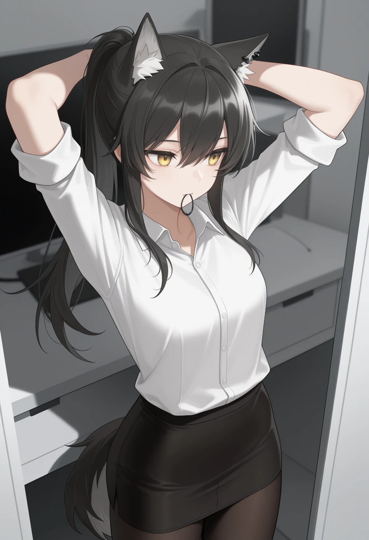 masterpiece, best quality, <break> solo, 1girl, txswgbrkr, wolf tail, expressionless, looking away, standing, hair tie in mouth, arms behind head, long hair, black hair, hair between eyes, ponytail, animal ears, animal ear fluff, animal ear piercing, yellow eyes, white shirt, collared shirt, sleeves rolled up, black skirt, pencil skirt, black pantyhose, indoors, office, cubicle
<segment:yolo-Anzhc Face seg 640 v2 y8n.pt,0.4,0.5//cid=1>