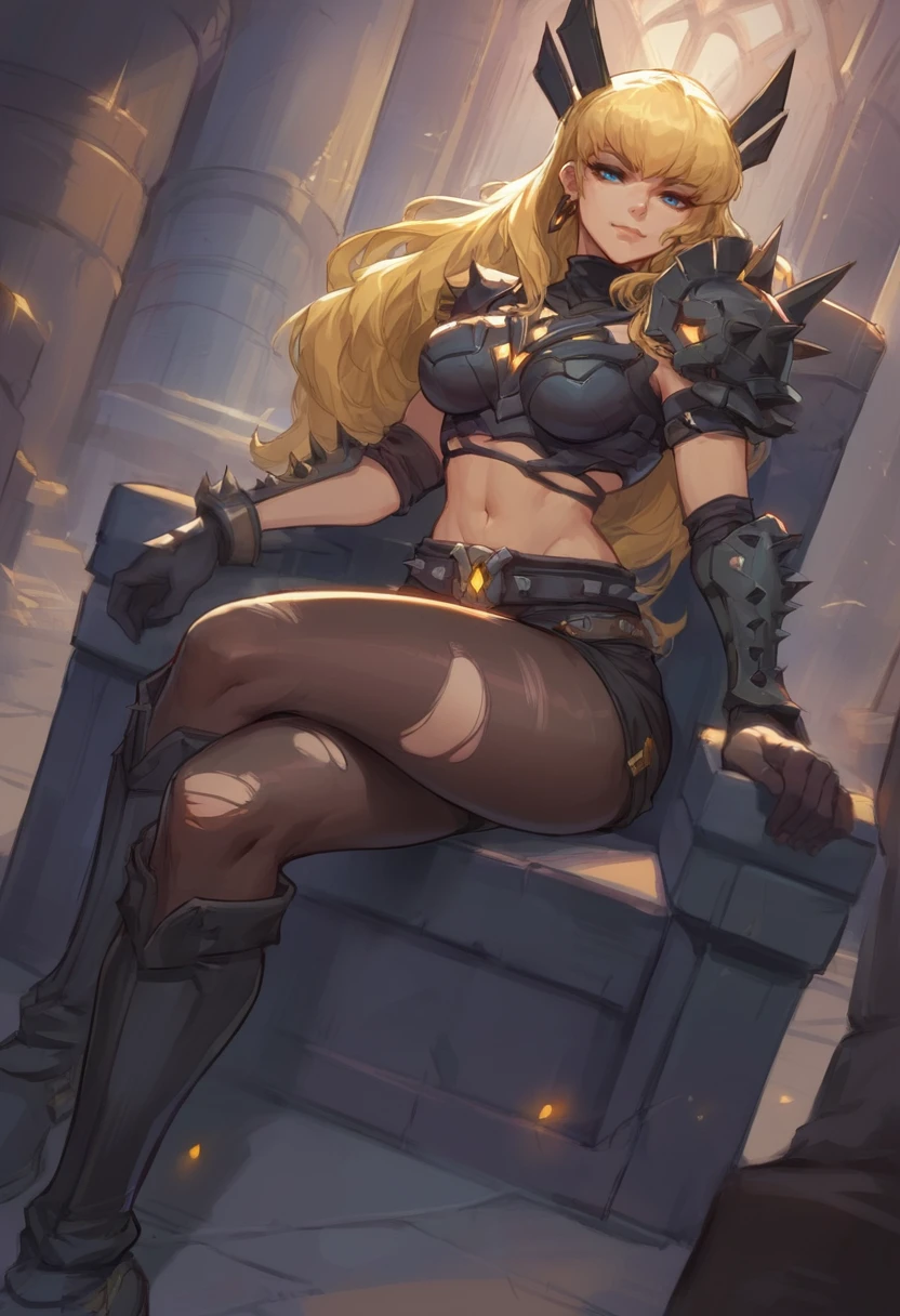 score_9, score_8_up, score_7_up, score_6_up, expressiveh, magik_rivals, 1girl, solo, full body, blonde hair, long hair, hair accessory, eyeliner, blue eyes, earrings, cropped bodysuit, black bodysuit, armor, belt, gloves, black gloves, black clothes, pauldrons, vambraces, midriff, navel, short shorts, yellow details, pantyhose, ripped pantyhose, boots, greaves, spikes, fantasy background, indoors, dynamic angle, dynamic pose, fantasy castle, posing, pose, looking at viewer, closed mouth, sitting, (crossed legs), sitting with legs crossed, indoors, godrays, dynamic light, dramatic light, sitting on throne, half-closed eyes, smiling, seductive smile, from above, <lora:cutesexyronutts_style_xl:0.9><lora:Magik_Marvel_Rivals_-_PonyXL:0.7>