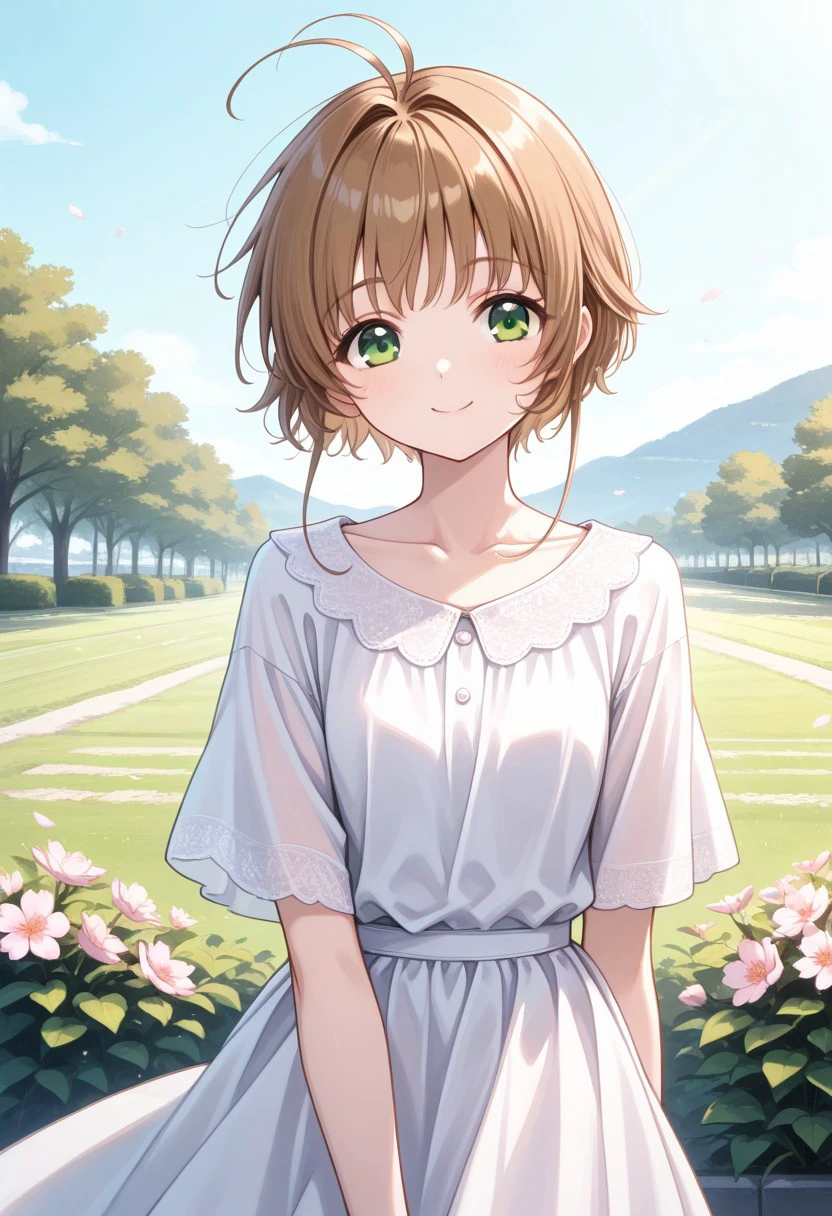 masterpiece, best quality, 
sakura_t, 1girl, solo, green eyes, brown hair, short hair, ahoge, antenna hair, dress, white dress, smile,
outdoor,