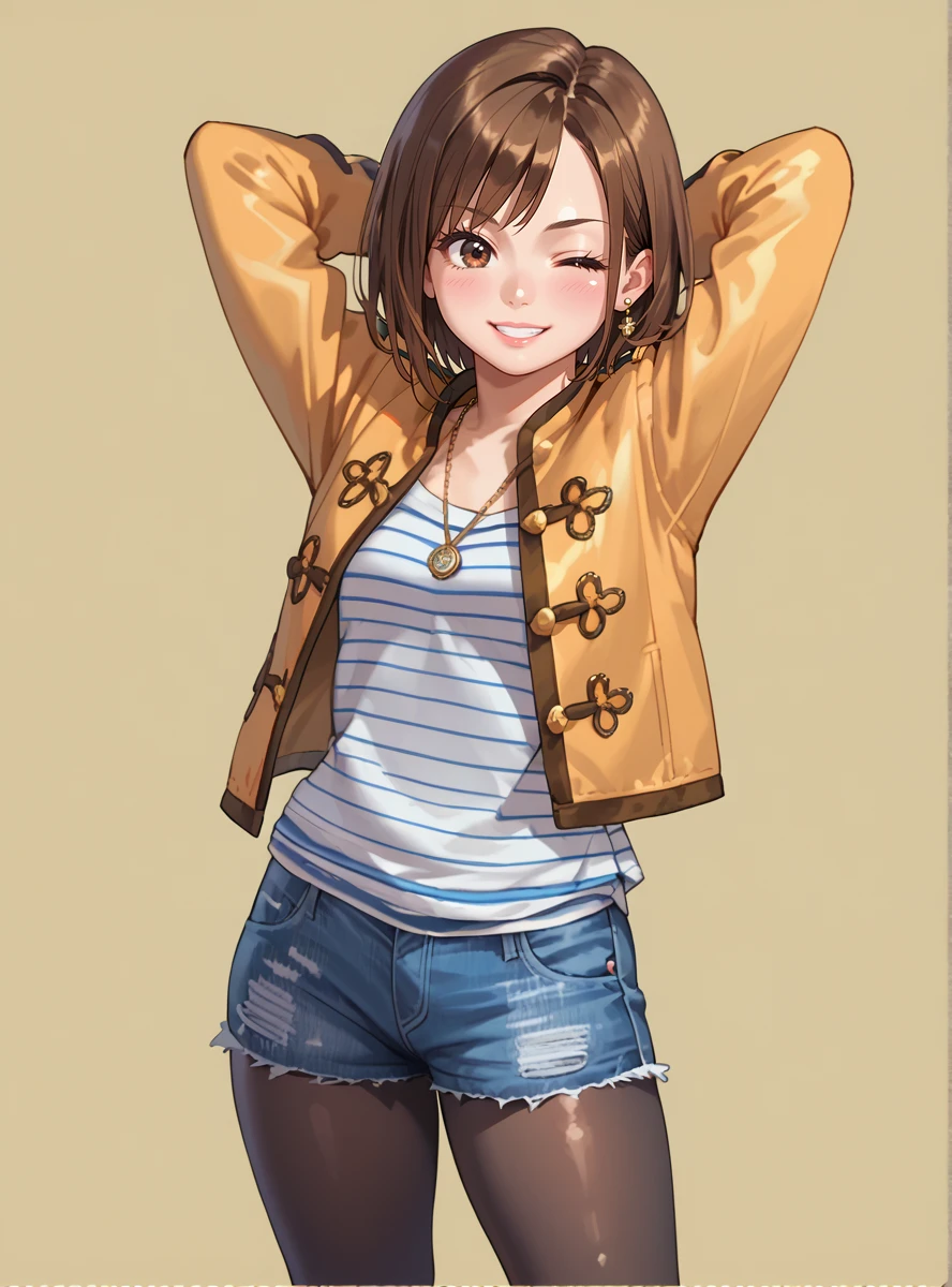 score_9, score_8_up, score_7_up, score_6_up,source_anime anime screencap  (anime coloring), <lora:LukaMilfyXL:0.7>lukamilfy, brown hair, pantyhose, jacket, shorts, legwear under shorts, jewelry, brown eyes, denim, striped, 1girl, striped shirt, short hair, necklace print_legwear thick thighs, shiny skin,standing outdors arms behind head,  pantyhose,  denim shorts,  wink, stretching,