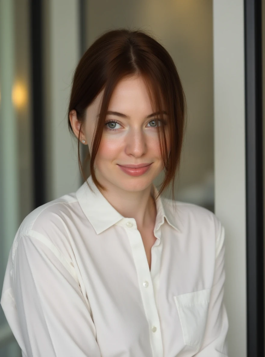 portrait of m0n4el1s4 woman, posing on a office, glass window, serene and warm, natural lighting, soft focus, high-resolution, elegant and introspective atmosphere, quiet sophistication, wearing a white shirt all buttons closed, slight smile, makeup

