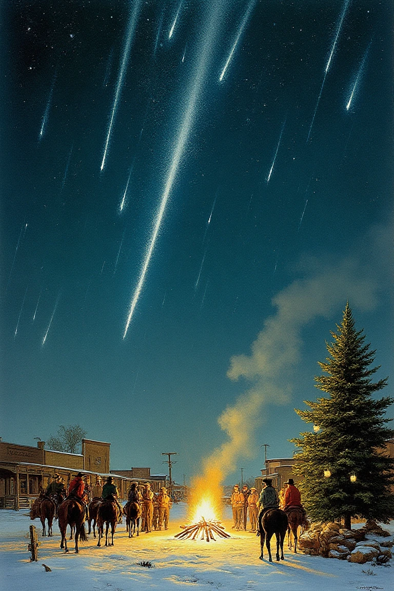 IPbN46, traditional media, christmas parody, fine art, 1940 \(style\), "In a quiet Western prairie, a meteor shower lights up the vast, open sky. Cowboys and townsfolk gather around a roaring bonfire, pointing at the streaking lights above. A simple evergreen tree decorated with lanterns stands nearby, while the snow-covered ground glows faintly under the celestial display, merging the rugged frontier with heavenly beauty."