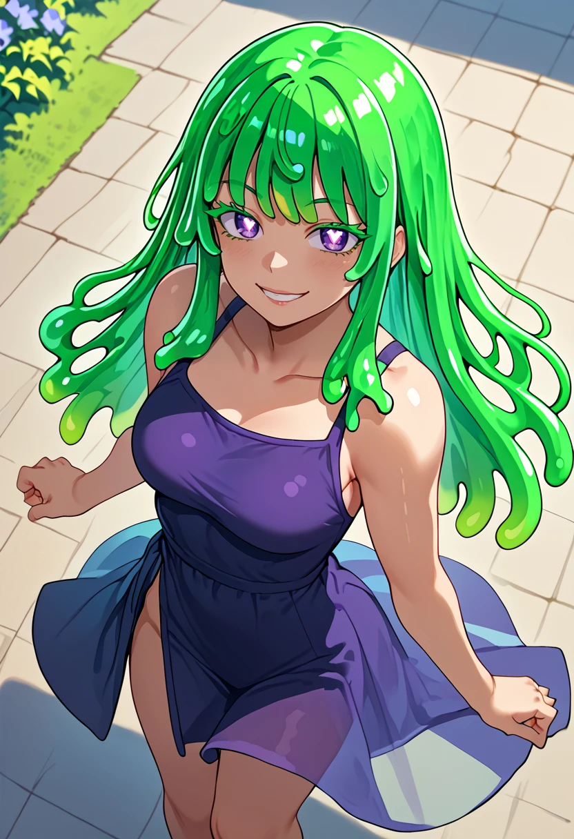 score_9_up, 1girl, solo girl, best quality, masterpiece, posing, cowboy shot, from above, standing, cowboy shot, randome scenery, dynamic pose, looking at viewer
<lora:Neneya_Green:1> NeneyaGreen, green haired slime girl, slime hair, long hair, bangs, purple eyes, x shaped pupils, green colored eyelashes,  bright smile,  (((adult))) medium breast, blue flower summer dress,