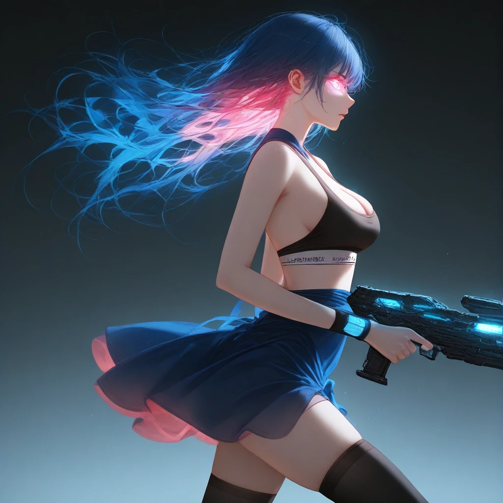 pink hair, blue hair, weapon, black thighhighs, sports bra, from side, backless dress, 1girl, glowing, cleavage