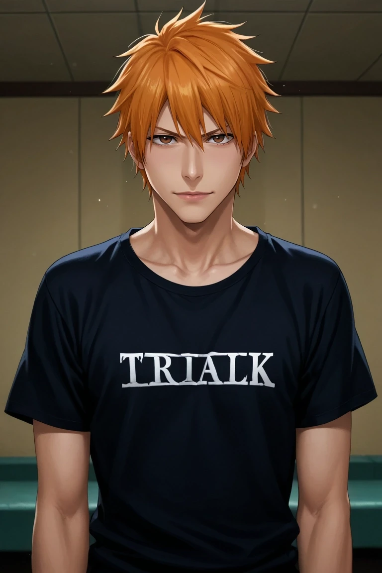 score_9, score_8_up, score_7_up, source_anime, rating_safe, intricate details, (photorealistic:0.6), looking at viewer, , 1boy, solo, male focus, <lora:ichigo_kurosaki_pony:0.98>, ichigo_kurosaki, 1boy, orange hair, brown eyes, short hair, spiked hair, hair between eyes, , , fullbring, symmetry, cold, ice, indoors, light, leaning back, half-closed eyes, smile, t-shirt dress,, <lora:sdxl_lightning_8step_lora:1>