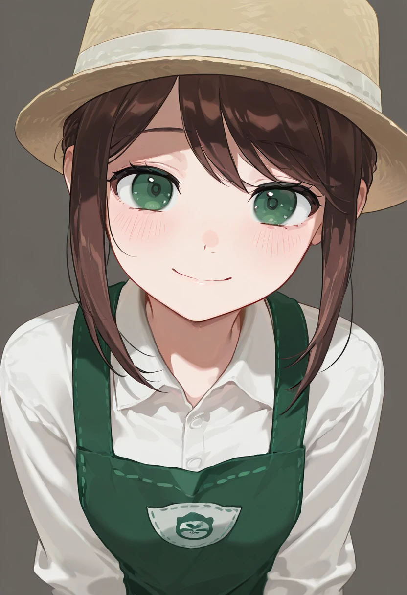 (masterpiece, high quality, amazing detail), highres, very awa, very aesthetic, absurdres, 1girl, emma_woods, green eyes, blush, smile, simple background, brown hair, shirt, hat, closed mouth, white shirt, sidelocks, collared shirt, apron, look at viewer <lora:emma_wood:1>