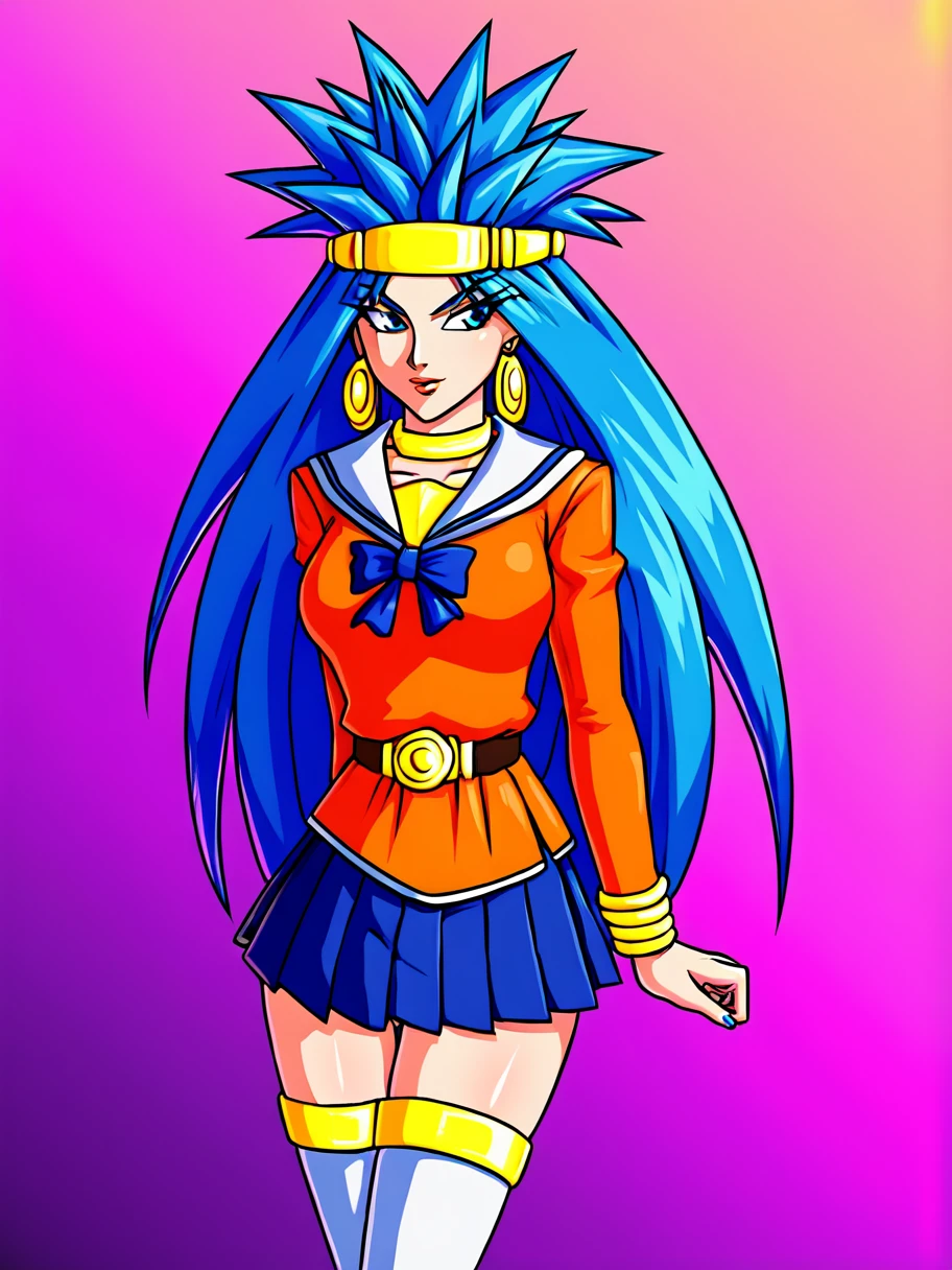 1girl, solo, ,  flirty, cowboy shot, rating_questionable,
<lora:Queen_Zeal_Chrono_Trigger_Pony:1> queenzeal, long hair, blue hair, jewelry, earrings, headband, spiked hair, blue eyes,
sailor uniform, pleated skirt, thigh high socks,âââ