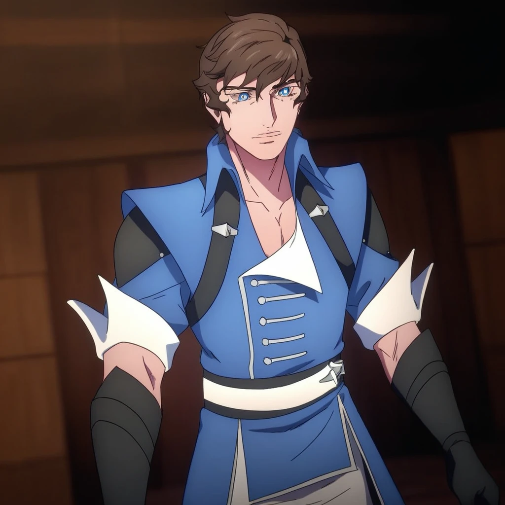 Richter Belmont, Blue Eyes, Brown Hair, Solo, 1boy, Male Focus, Blue Jacket, Gloves