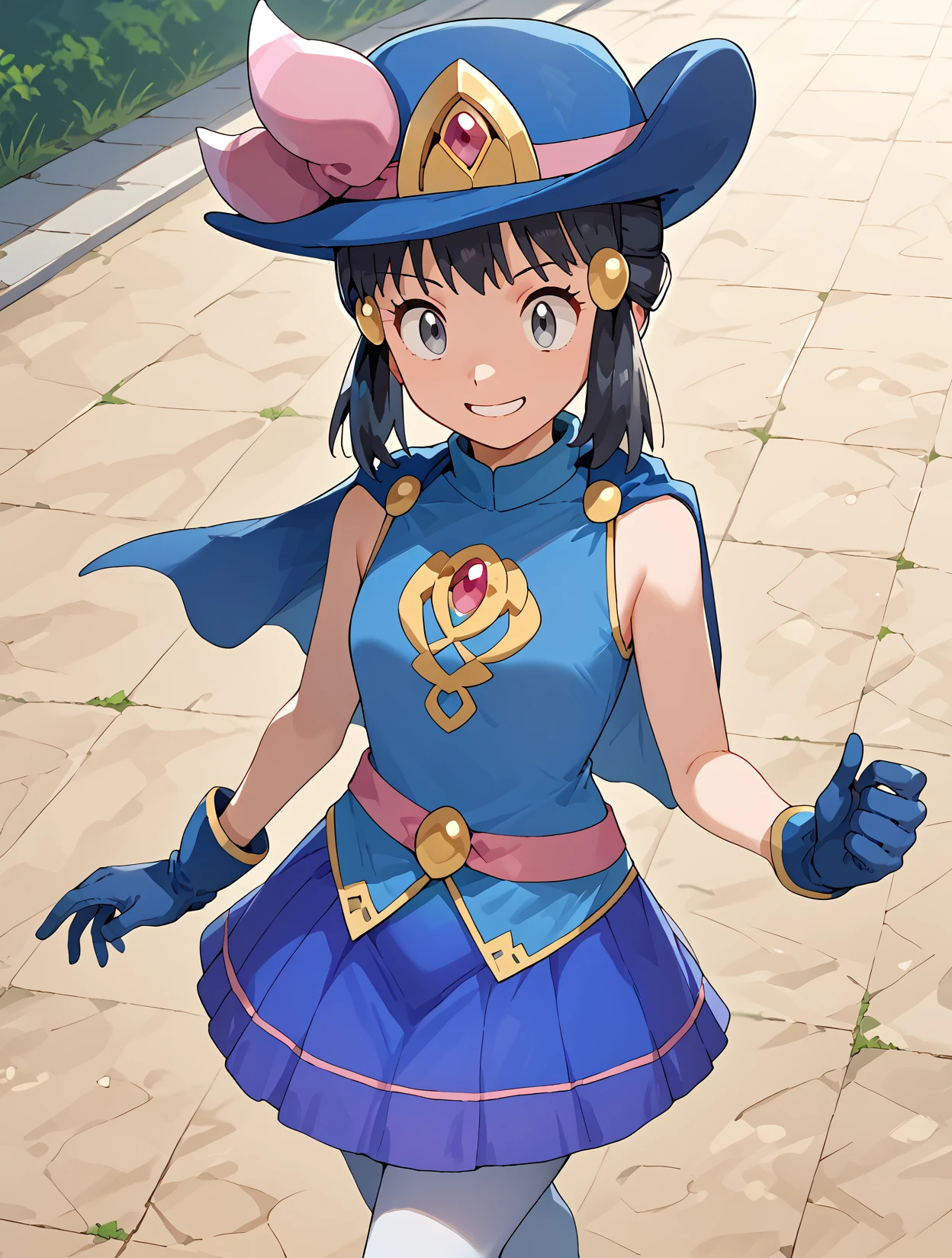 Walking with hands swinging by sides, Aerial View, solo, 1girl,  smile, <lora:DawnPony:1>Dawn_Syg, short hair, black hair, grey eyes, sidelocks, pink bow, blue hat, hair ornament, cape, blue shirt, sleeveless, golden brooch, red gem, pink belt,  blue gloves, blue skirt, white pantyhose, blue footwear,, score_9, score_8_up, score_7_up,