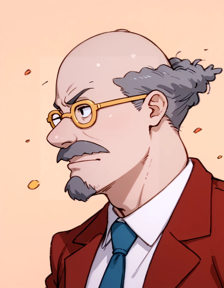 <lora:Dr_Lipschitz_PONY:0.9> 1boy, solo, grey hair, bald, patterned baldness, black eyes, facial hair, mustache, glasses, yellow-framed eyewear, white shirt, collared shirt, red jacket, red suit jacket, blue necktie, portrait, side view, profile view,, source_cartoon, score_9, score_8_up, score_7_up, score_6_up, score_5_up, score_4_up,