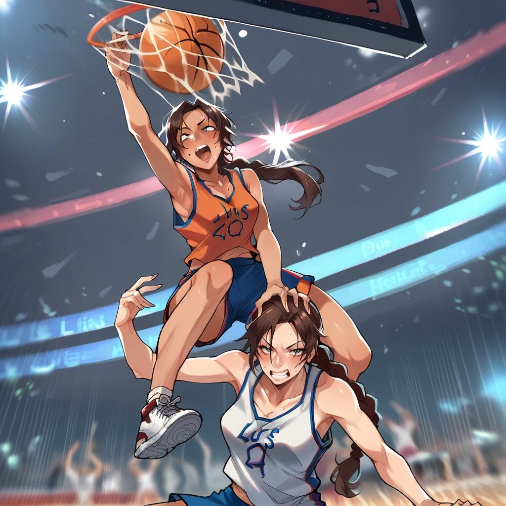 score_9, score_8_up, score_7_up, score_6_up, score_5_up, score_4_up, zPDXL2,source_anime,rating_questionable,  <lora:Venom_Dunk:0.8> v3nm, basketball (object), 2girls, Lara Croft, sportswear, basketball uniform