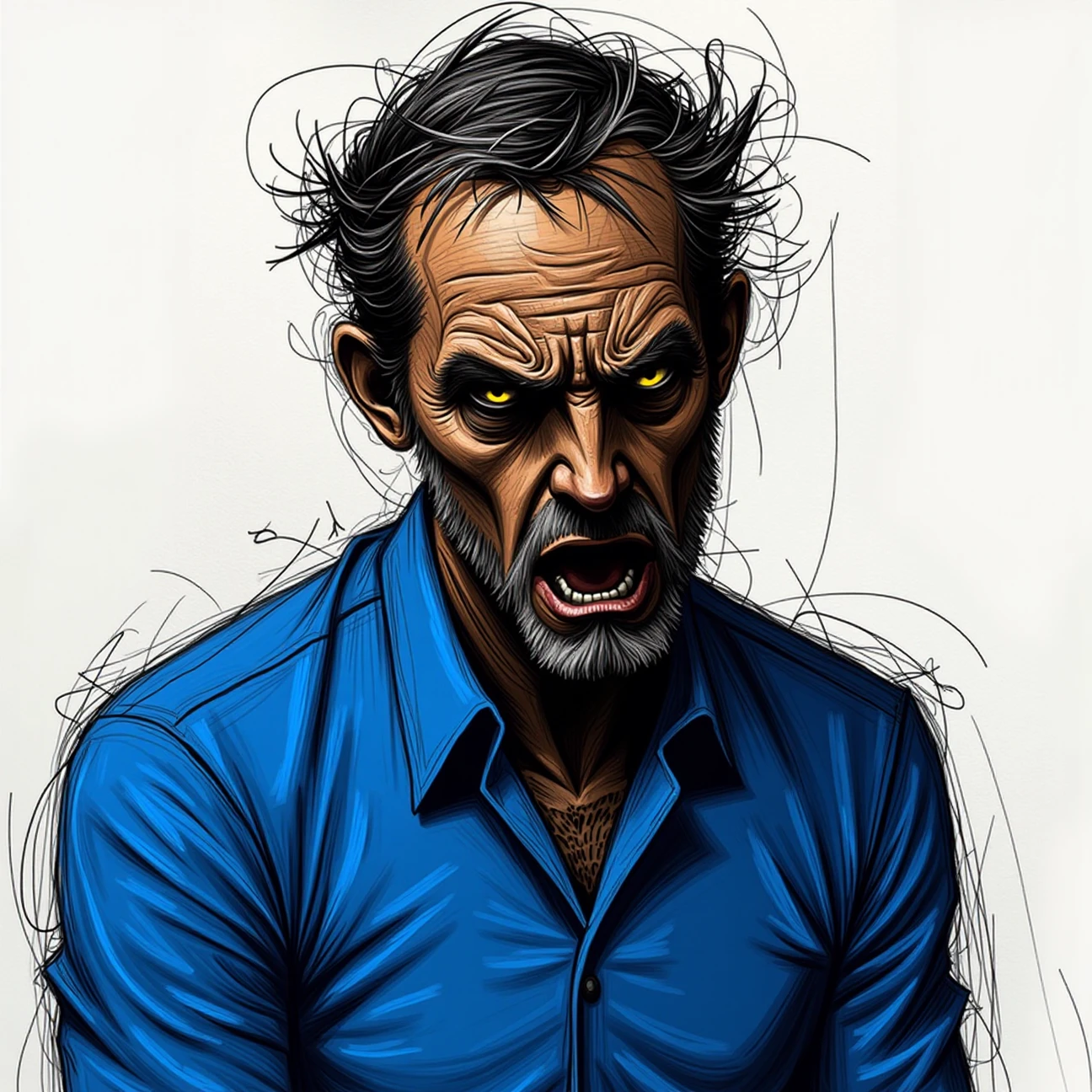 dark scribble of a angry man in blue shirt