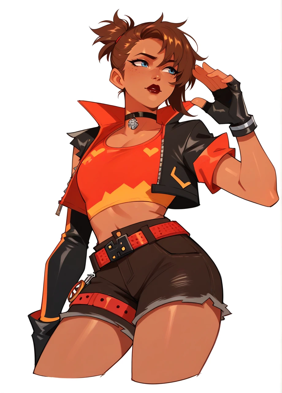 1girl, solo, cowboy shot, white background, dark skin, brown hair, lipstick, tinadyn, choker, short ponytail, single glove, cropped jacket, shorts, belt <lora:FN_TNTina-PONY:0.8>, score_8_up, score_7_up, score_6_up, score_5_up, score_4_up,