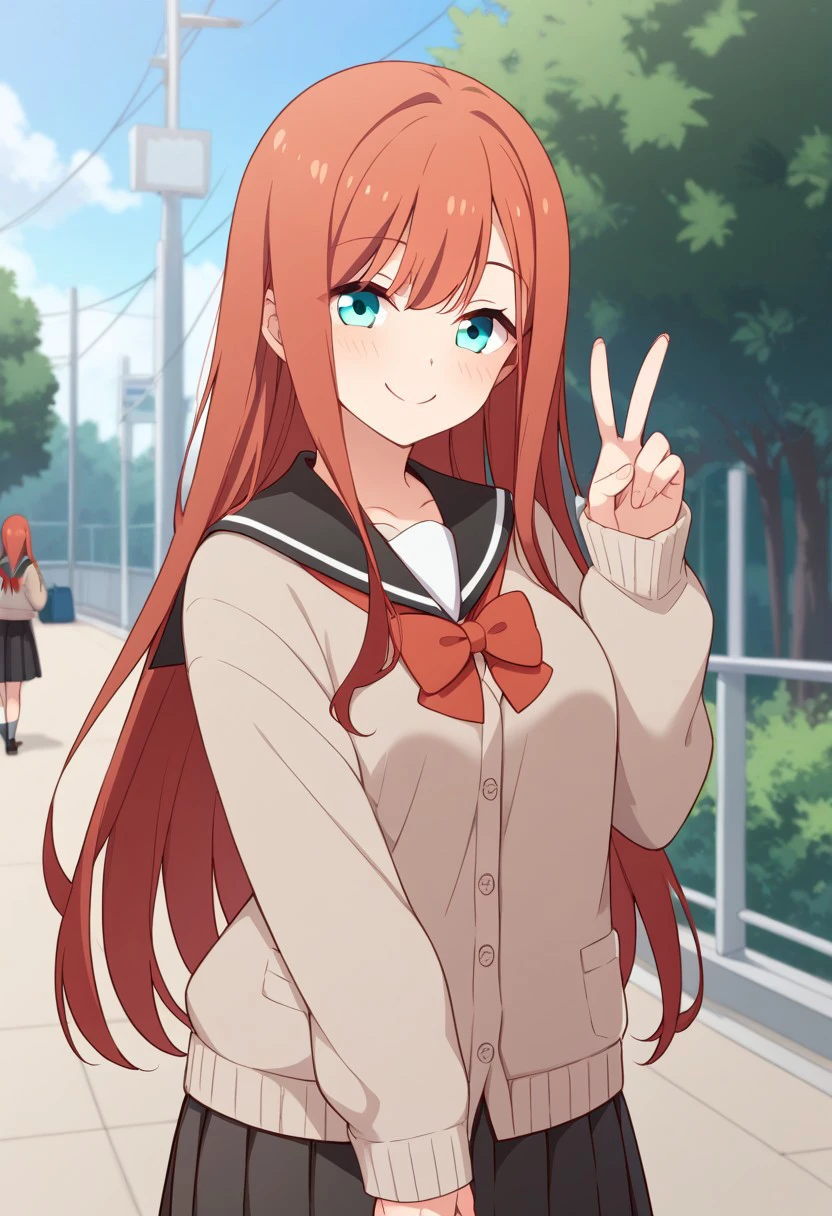 score_9,score_8_up,score_7_up, source_anime, solo, Minagawa yuki, red hair, long hair, aqua eyes, Serafuku, cardigan, long sleeves, red bow, skirt, pleated skirt, smile, closed mouth, perfect breast, peace sign, outdoors, perfect anatomy