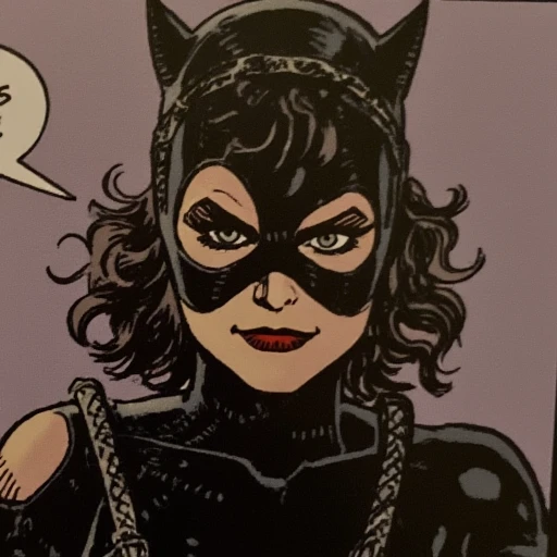 focused expression. Her lips are painted a deep red, form-fitting suit with a hooded mask, and a harness. Her eyes are visible through the mask, Catwoman. The image is a comic book-style drawing featuring a stylized depiction of a female character, and her expression is intense, curly waves. Her hair is adorned with a black cat ear headband, pointed nose and a prominent jawline, dark bob.