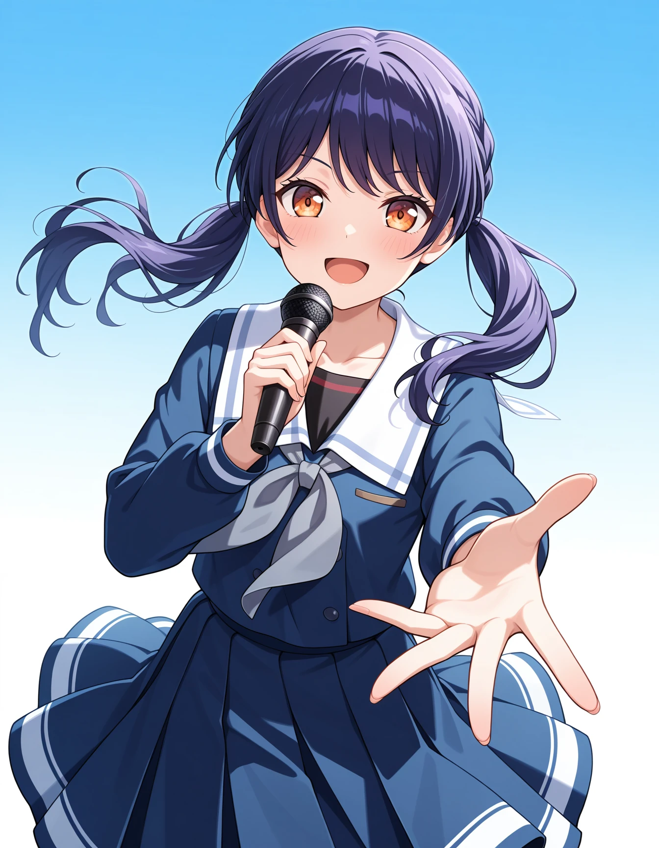 <lora:futaba_tsukushi_illuXL:1>, futaba tsukushi, 1girl, solo, tsukinomori school uniform, smile, school uniform, pleated skirt, open mouth, :d, shirt, long sleeves, white sailor collar, blue skirt, finger gun, reaching towards viewer,  holding microphone, blue serafuku, blue shirt, looking at viewer, collarbone, blush, standing, grey neckerchief, white background, gradient background,, very awa, masterpiece, best quality, highres, absurdres, newest,