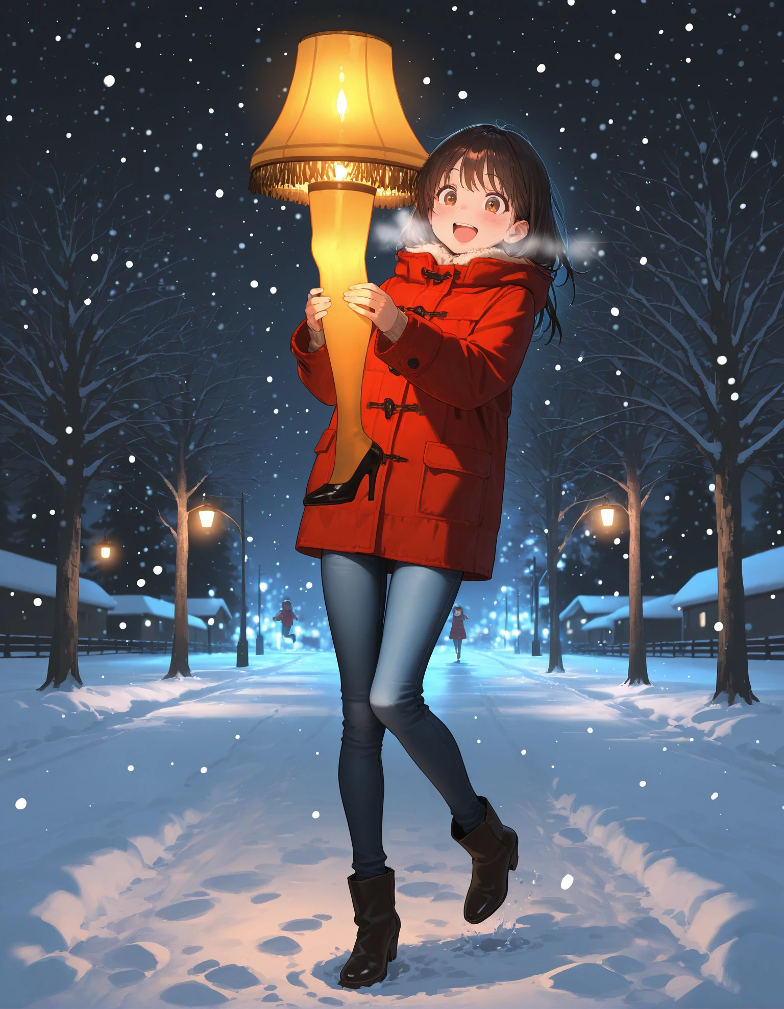 masterpiece, best quality, amazing quality, very aesthetic, high resolution, ultra-detailed, absurdres,
1girl, winter coat, jeans, 
carrying leglamp, holding leglamp,
skipping, happy, excited,
christmas theme, exterior, night, cinematic lighting, 
snowing,