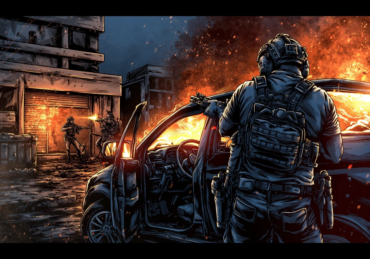 BPRE art of an operator firing his tactical carbine, he wears a high cut helmet and tactical chest rig, he is fighting from behind a destroyed car, a burning city store front in the distance and explosions under heavy fire, in a destroyed city in an intense combat scene at night<lora:BPRE-000013.safetensors:1.0:1.0>