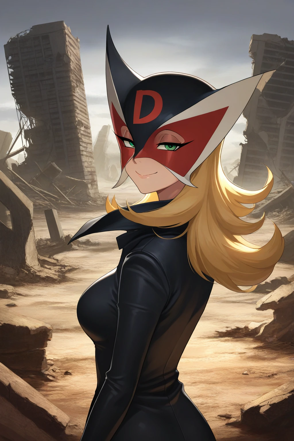 masterpiece, best quality, amazing quality, absurdres, 1girl, doronjosama, mature female, solo, looking at viewer, smile, half-closed eyes, upper body, from behind, looking back, closed mouth, mask, blonde hair, green eyes, black elbow gloves, black coat, outdoors, wasteland, ruins