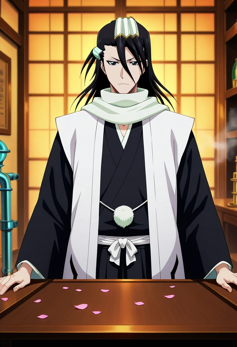 masterpiece, best quality, , anime screencap, , , looking at viewer, depth of field, 1boy, solo, male focus, <lora:byakuya_kuchiki_ilxl:1>, byakuya_kuchiki, black hair, black eyes, long hair, scarf, japanese clothes, haori, petals, hair ornament, hair between eyes, , steampunk lab, brass machines, steam pipes, work tables, experimenting pose, concentrated expression, warm lighting,