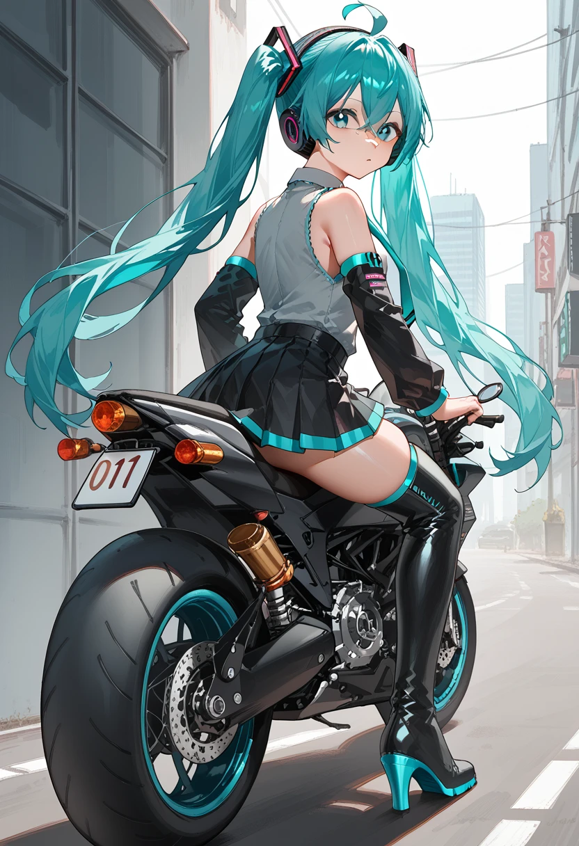 score_9, score_8_up, score-7_up, 1girl, miku hatsune, ahoge, aqua dyes, aqua hair, crossed bangs, hair between eyes, hair ornament, headphones, long hair, twintails, look at viewer, black footwear, black skirt, black sleeves, collared shirt, detached sleeves, grey shirt, necktie, pleated skirt, shirt, sleeveless shirt, thigh boots, tie clip, motorcycle, on motorcycle, from behind, looking back, <lora:From_behind_-_On_Motorcycle-pony:1>