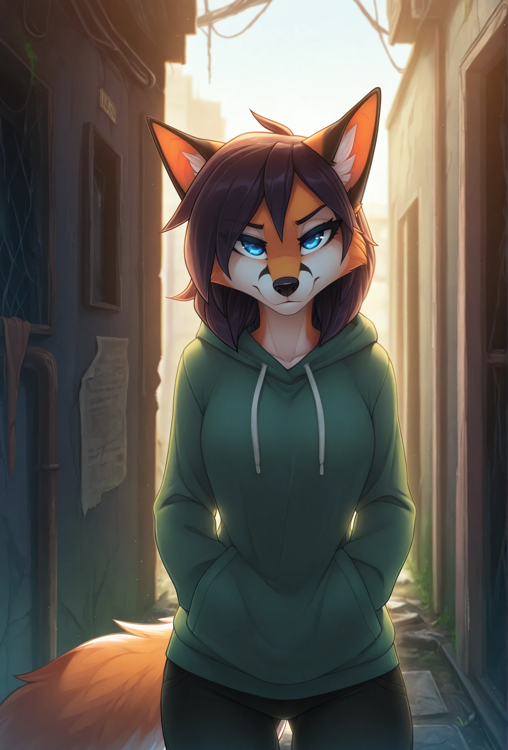 (masterpiece, best quality, very aesthetic, absurdres:1.2),  <lora:fluffkevlar_style_illustrious_v1.7:1>, fkstyle, 1girl, furry, fox, looking at viewer, medium hair, abandoned, blue eyes