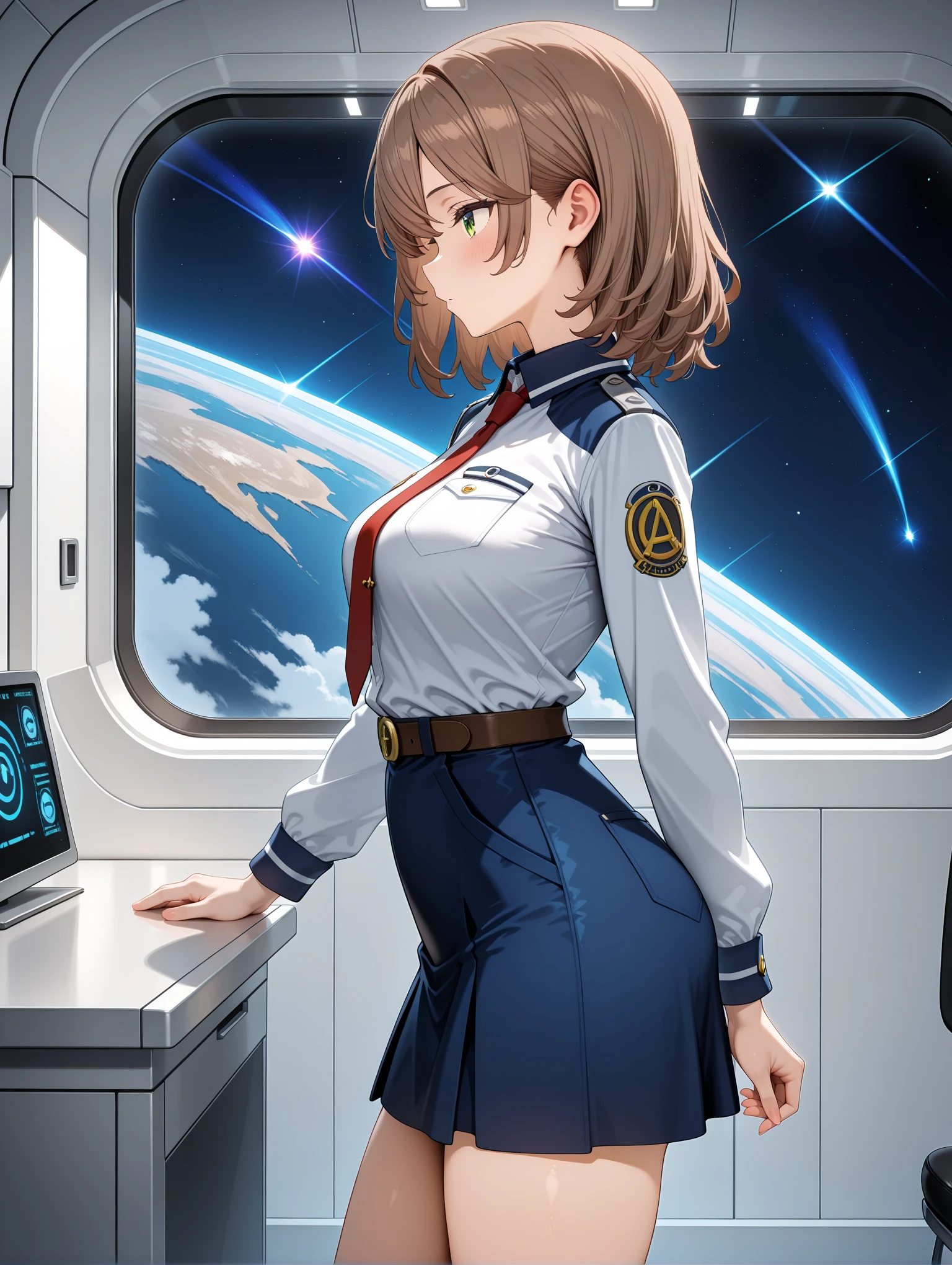 masterpiece,best quality,amazing quality,
solo,1girl,
<lora:akino_ilxl_v1.1:1>,akino,medium hair,brown hair,green eyes,
a_s_clothes,shirt,red necktie,long sleeves,belt,pocket,blue skirt,black footwear,long_skirt,<lora:Fixhands_anime_bdsqlsz_V1:1>,space,cowboy_shot,looking_at_viewer,from_side,profile,Inside a Spaceship,, masterpiece,best quality, very aesthetic, absurdres, ultra detailed, high resolution, 4k, extremely detailed CG,