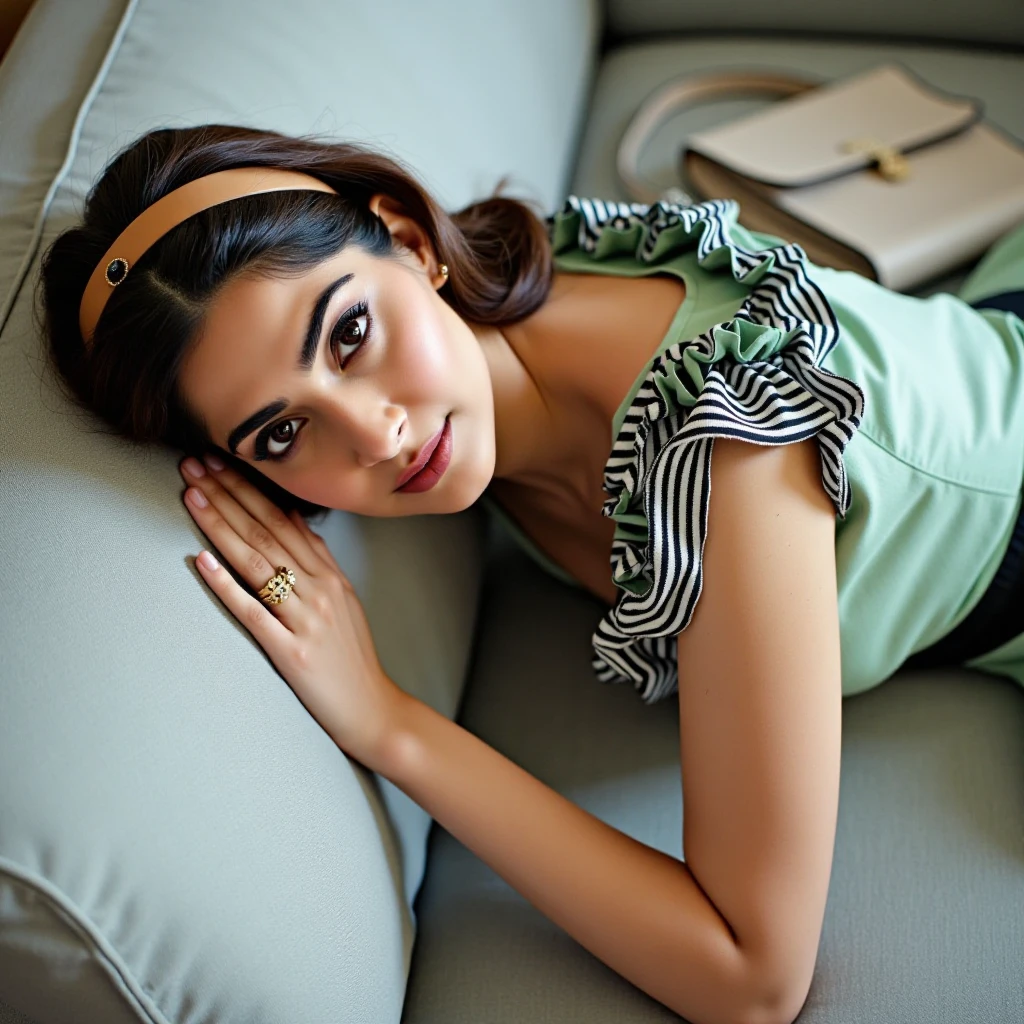 sonamkapoorukohwx lies languidly on a light gray couch.  She is adorned with a light mint green dress.  The dress features a black and white striped overlay on the shoulder and upper bodice, creating a ruffled effect.  A black belt, embellished with small, dark embellishments, cinches the waist. Her hair is styled in a 1960s-inspired, voluminous, dark brown bob with a light brown headband.  Her makeup is subtle, featuring dark eyeliner and mascara, enhancing her expressive brown eyes. Her expression is serene, almost pensive, with a hint of a gentle smile.  Her posture is relaxed and casual, with her head resting on a soft, light-gray pillow.  Her arms are draped naturally along her body.  Soft, ambient light bathes the scene, casting no harsh shadows. The couch is a smooth, light gray, and the background is softly blurred, resembling a contemporary photoshoot. A light gray handbag rests on the couch, complementing the overall palette. The image exudes a timeless fashion aesthetic, evoking a relaxed and elegant mood. The perspective is a slightly high-angle shot, emphasizing the relaxed pose of the seated woman. The lighting is soft and diffused, creating a warm and inviting atmosphere. The overall texture suggests a smooth, almost silky appearance to the clothing, and the image displays a slightly soft focus. The color palette is pastel and muted, with the primary colors being mint green, light gray, and varying shades of brown.  The style is contemporary fashion portraiture.