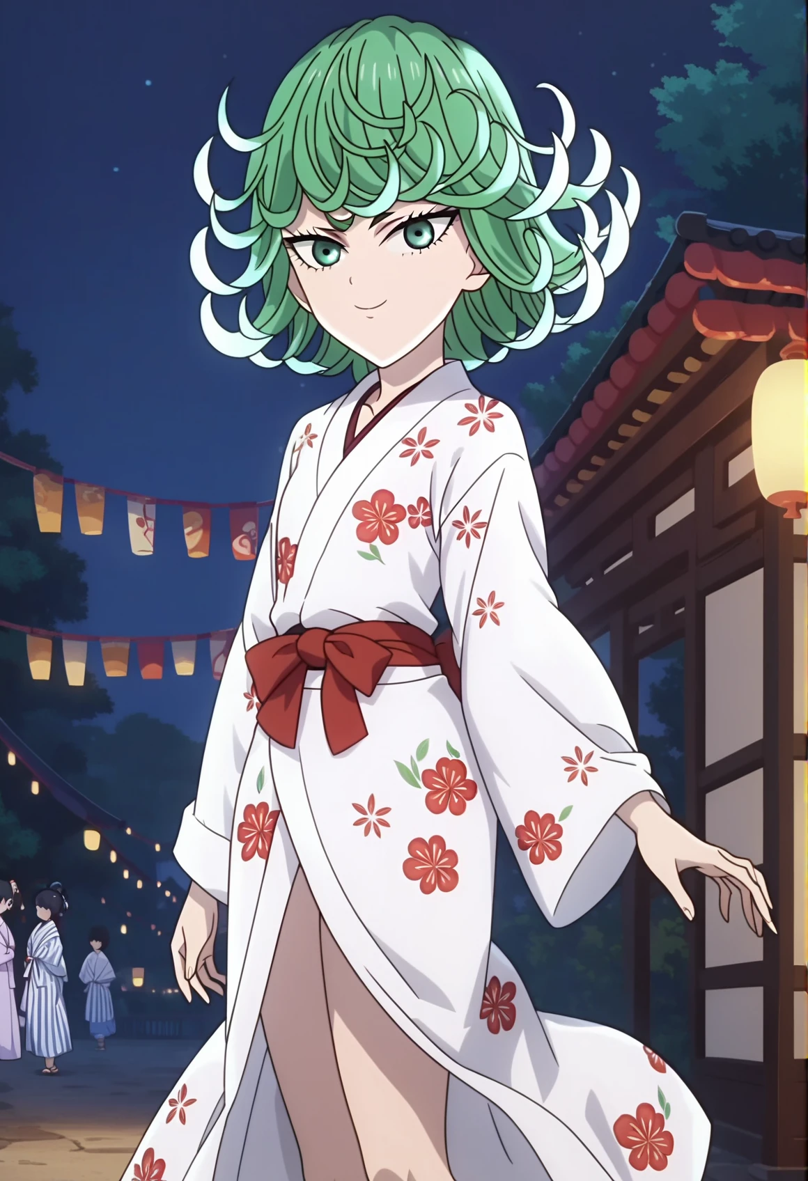 score_9, score_8_up, score_7_up, source_anime, anime screencap, official_style, tatsumaki, 1girl, curly hair, looking at viewer, smile, japanese clothes, yukata, white kimono, standing, cowboy shot, outdoors, night, festival,