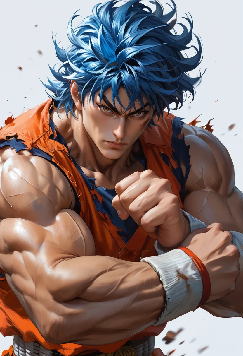 (masterpiece), (best quality), score_9, score_8_up, score_7_up, (masterpiece:1.2), (best quality:1.3), 1boy, simple background, <lora:Toriko:0.55> trko, muscular, fighting stance, blue hair, orange sleeveless, torn clothes, masterful composition, dynamic movement