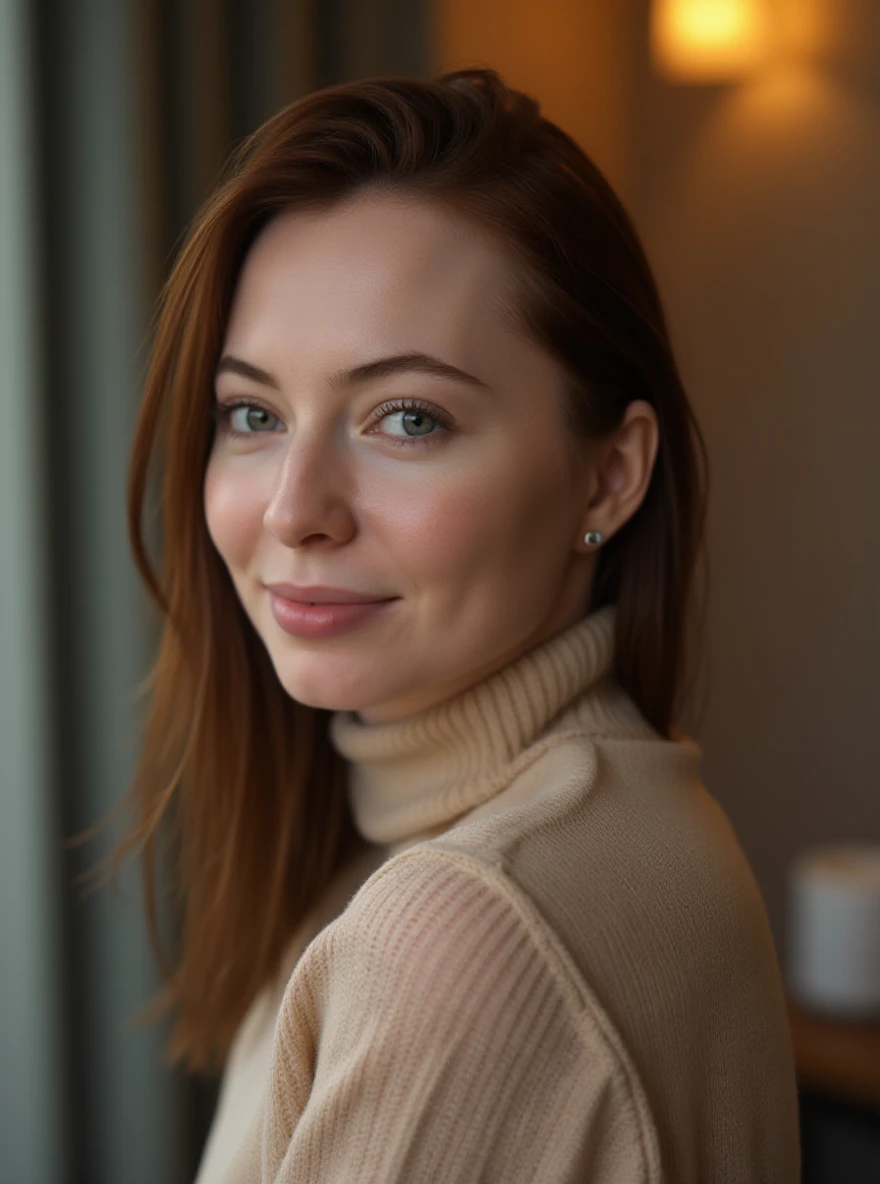 portrait of m0n4el1s4 woman, on a office, serene and warm, natural lighting, soft focus, high-resolution, elegant and introspective atmosphere, quiet sophistication, wearing a turtleneck yarn blouse, slight smile

