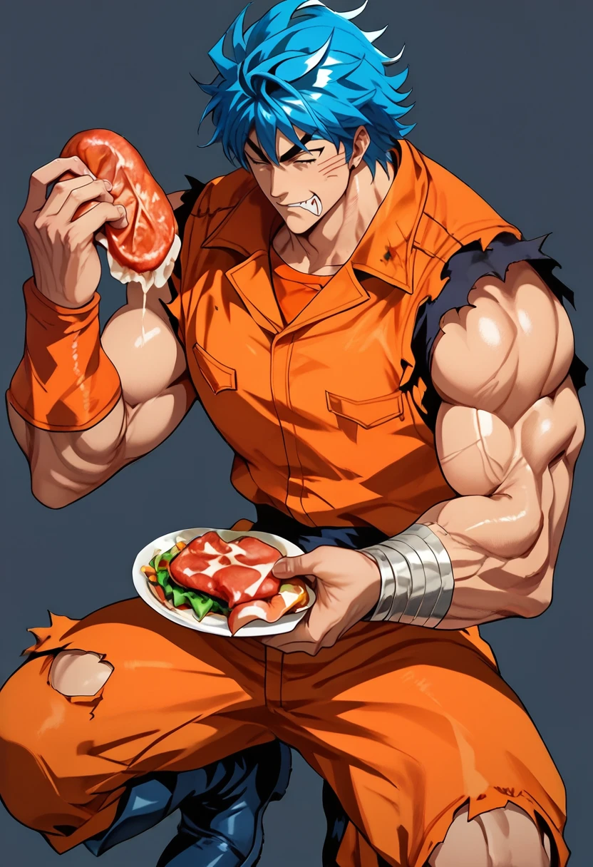 (masterpiece), (best quality), score_9, score_8_up, score_7_up, (masterpiece:1.2), (best quality:1.3), 1boy, simple background, <lora:Toriko:0.75> trko, muscular, blue hair, boots, torn clothes, orange sleeveless, eating meat, masterful composition, dynamic movement